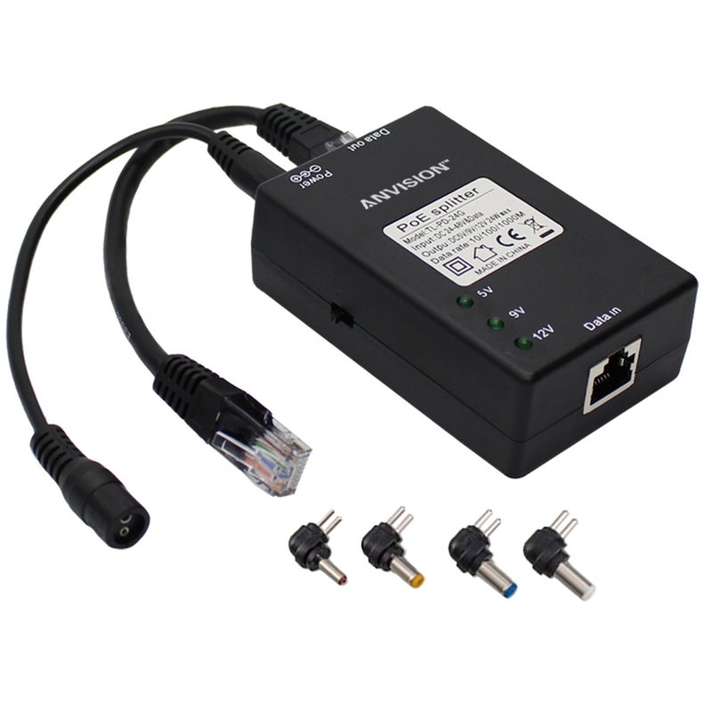 ANVISION Active Gigabit PoE Splitter Adapter with Multi-Size Tips, IEEE 802.3af Compliant, DC 5V 9V 12V Power Output, for IP Camera AP Voip Phone and More - Image 1